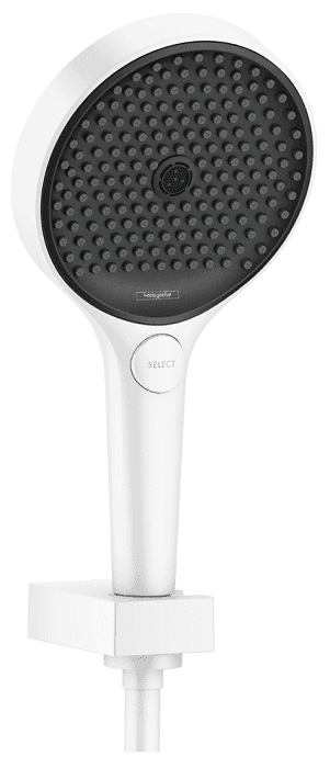 Support mural Hansgrohe avec douchette à main Rainfinity 130 3 jets PowderRain et flexible 160 cm en blanc mat