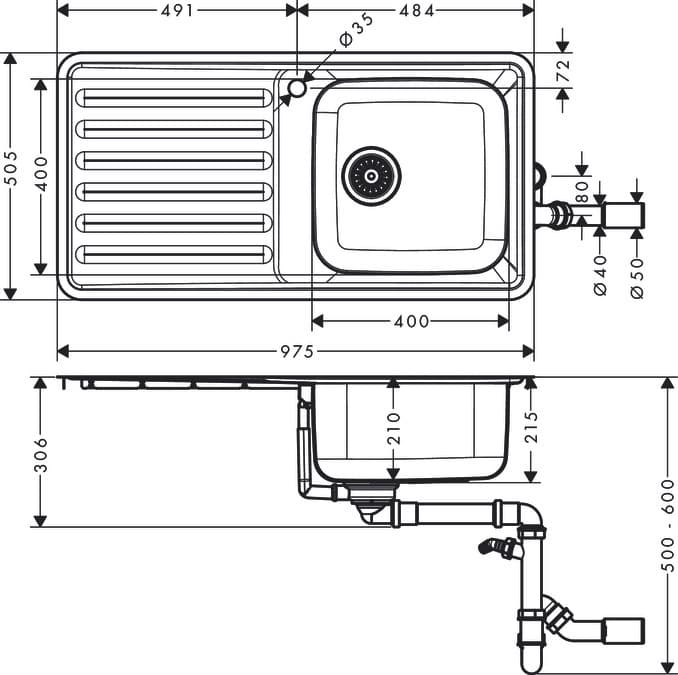 Évier de cuisine Hansgrohe encastré simple bac 40 x 40 cm avec égouttoir en acier inoxydable brossé - vue 5
