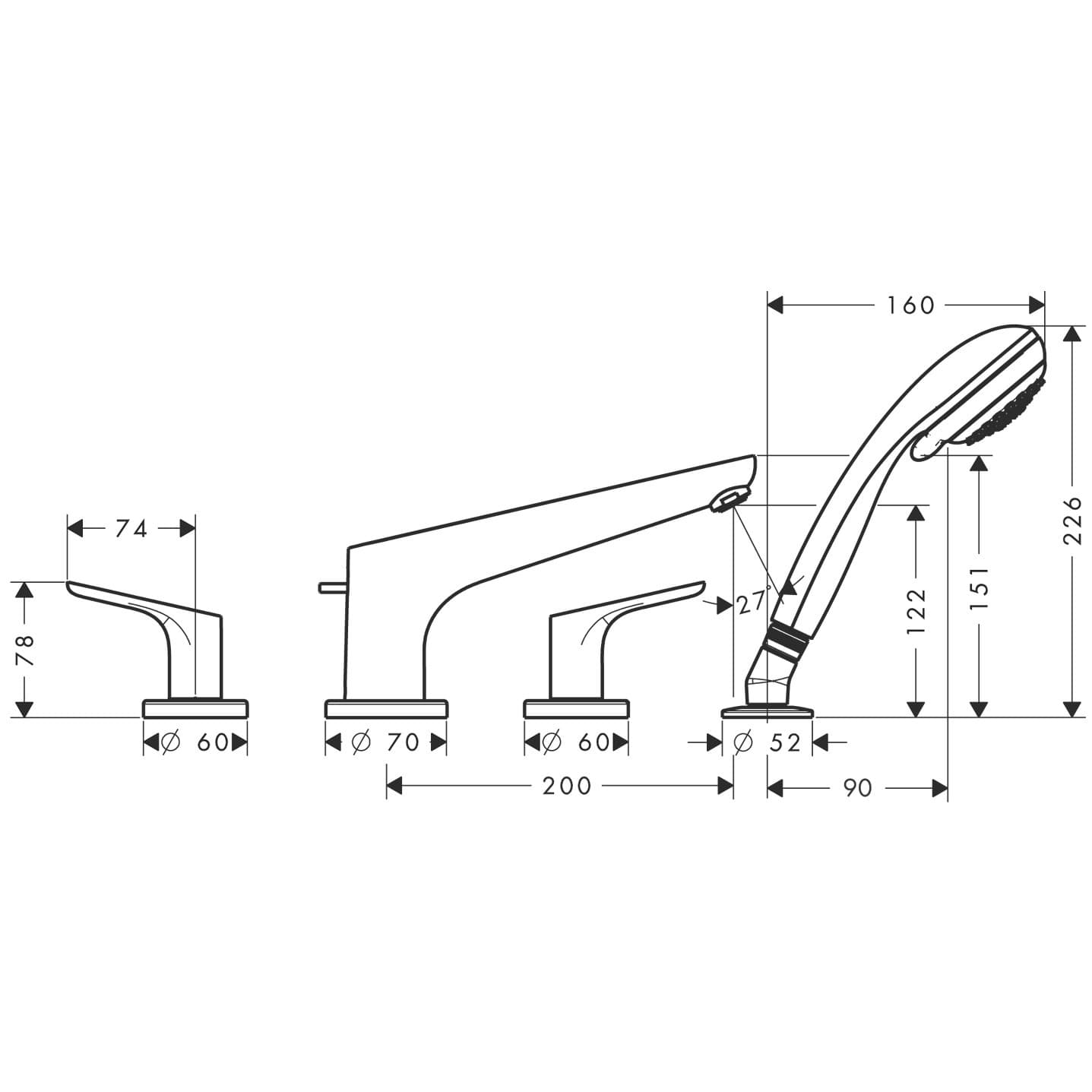 Mélangeur 4 trous pour montage sur bord de baignoire Hansgrohe Focus - vue 3