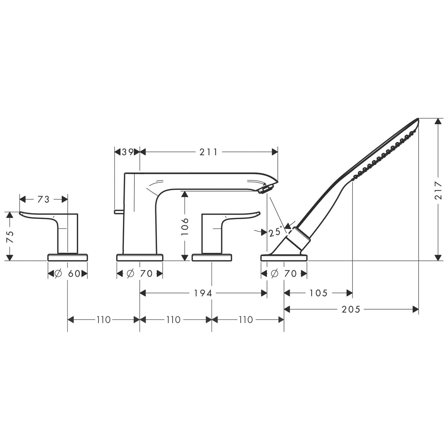 Mélangeur 4 trous pour montage sur bord de baignoire Hansgrohe Metris - vue 3