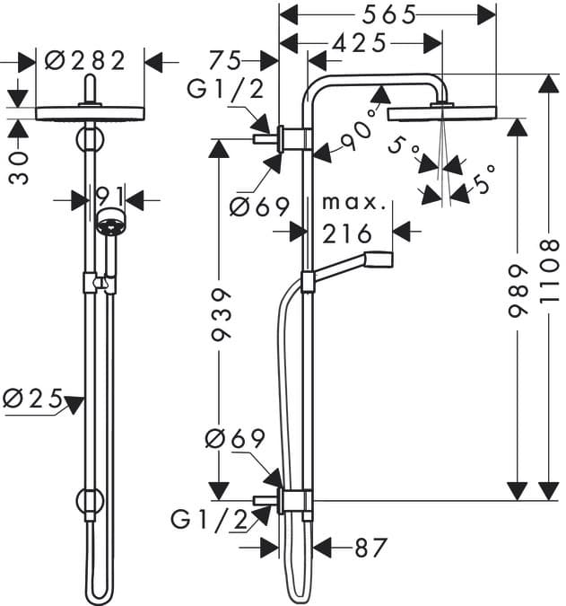Colonne de douche AXOR One avec douche de tête 280 pour installation encastrée - vue 3