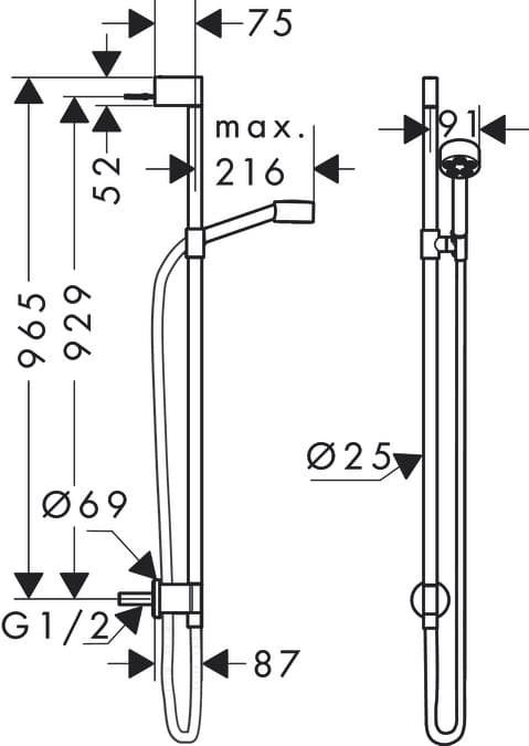 Barre de douche AXOR One avec douchette à main 1 jet Ecosmart 75 et coude de raccordement intégré - vue 4