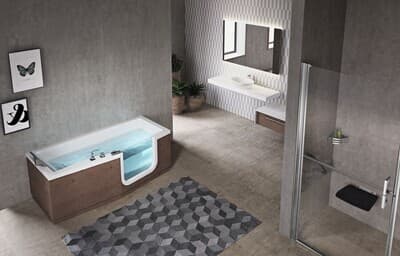 Baignoire Novel Iris 170 x 80 cm avec porte à droite, tabliers Burlington et robinetterie intégrée