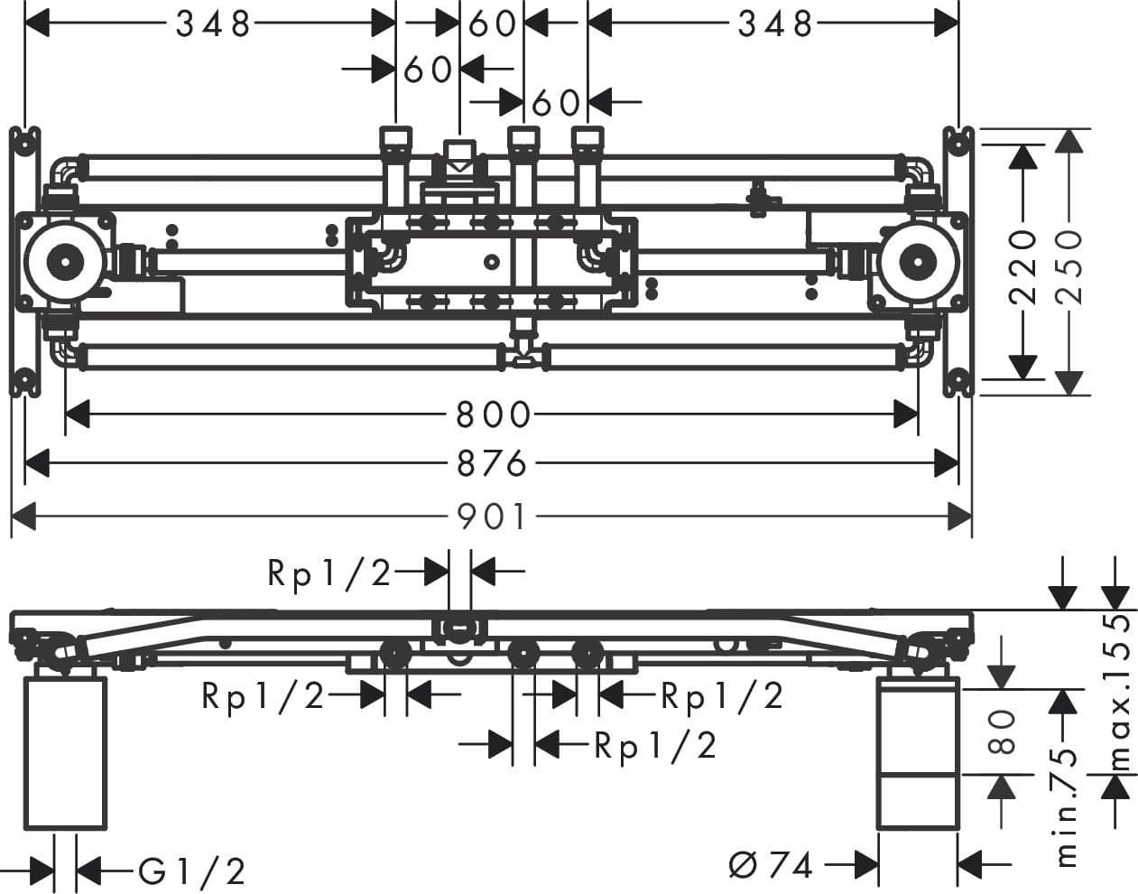 Corps d'encastrement AXOR ShowerSolutions pour douche de tête au plafond 1200 x 300 mm, 4 jets - vue 3