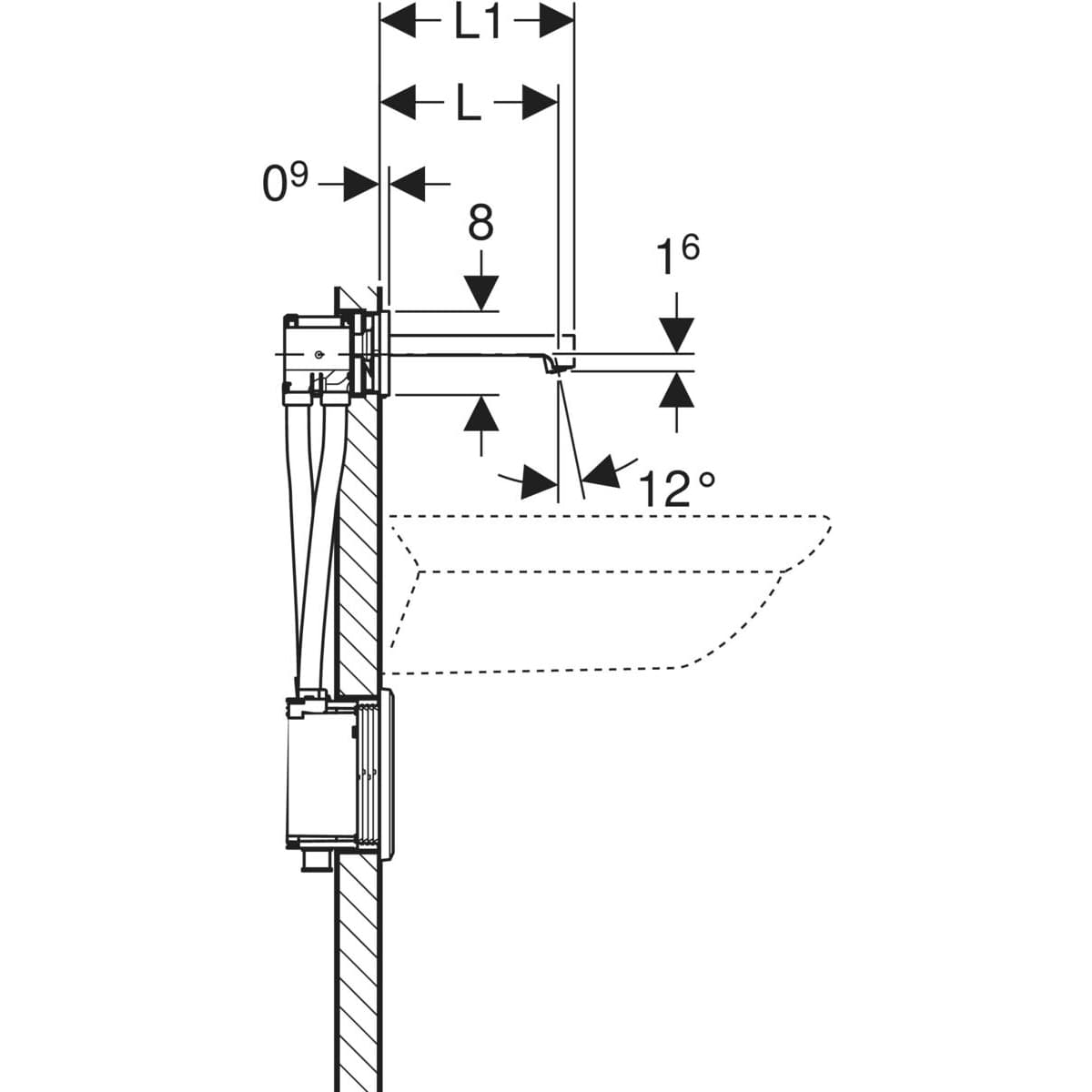 Robinet électronique de lavabo Geberit Brenta montage mural, alimentation sur secteur, pour module fonctionnel à encastrer - vue 3