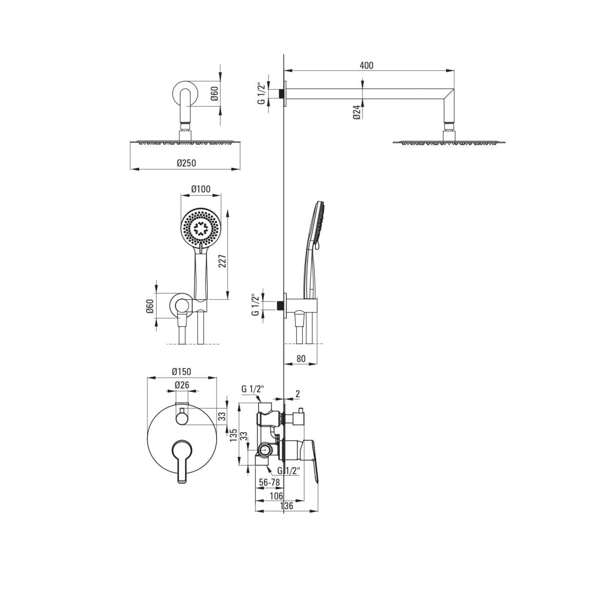 Ensemble de douche encastré Deante Arnika 250 en PVD or brossé - vue 8