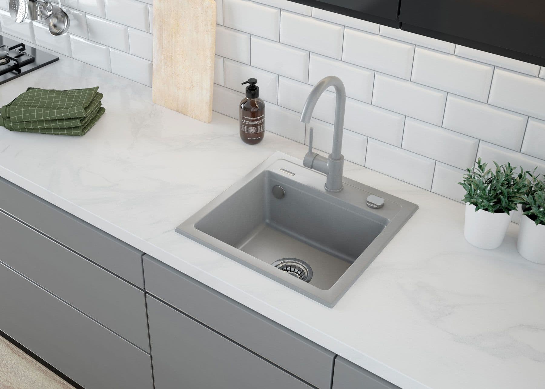 Évier de cuisine encastrable simple bac granit Deante Zorba 44 x 44 cm en gris métallisé avec vidage télescopique gain de place - vue 3