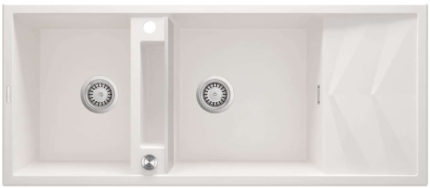 Évier de cuisine encastrable double bac granit Magnétique Deante 116 x 50 cm en blanc alabaster avec vidage télescopique gain de place