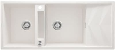 Évier de cuisine encastrable double bac granit Magnétique Deante 116 x 50 cm en blanc alabaster avec vidage télescopique gain de place