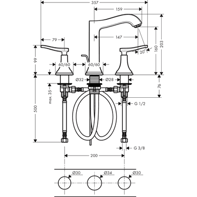 Mélangeur de lavabo Hansgrohe Metropol Classic 3 trous 160 poignées manettes, avec tirette et vidage - vue 5