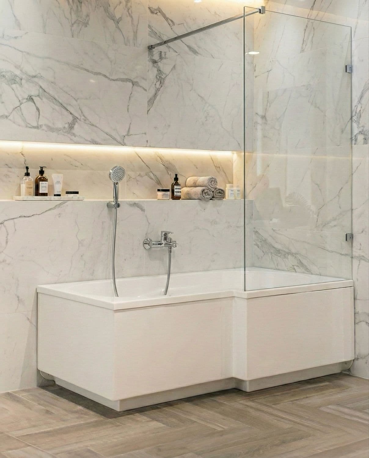 Paroi de baignoire Innovativ en verre trempé (Securit) d'épaisseur 8 mm avec pinces et barre raidisseur en acier inoxydable chromé