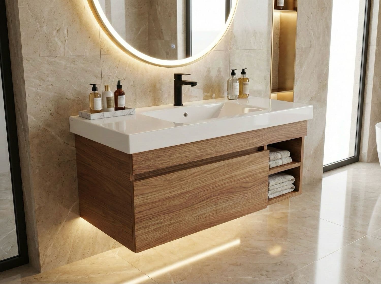 Meuble de salle de bains Spazio 90 cm à un tiroir avec niches (sans vasque)