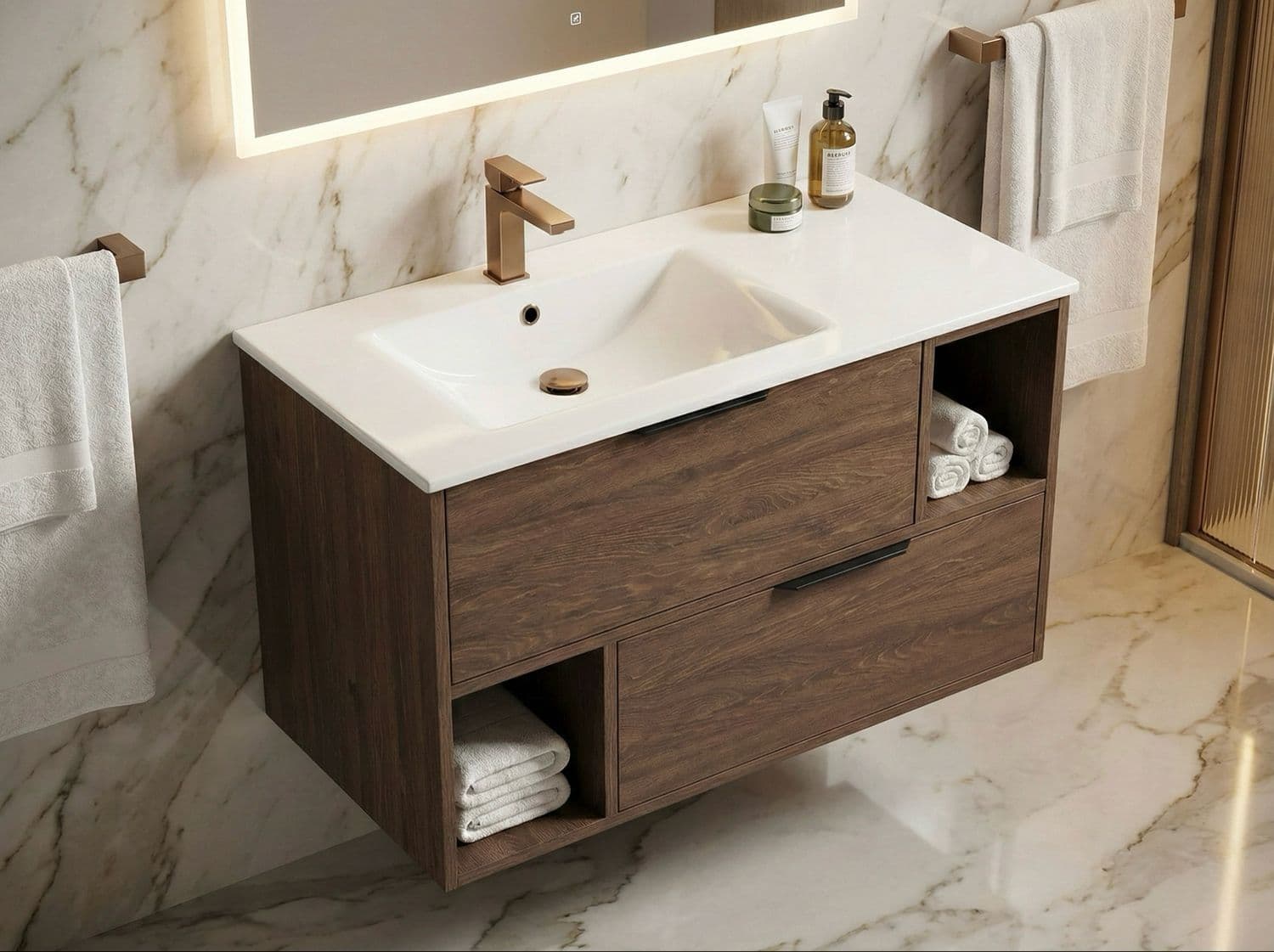 Meuble de salle de bains Spazio 100 cm à deux tiroirs et niches (sans vasque)