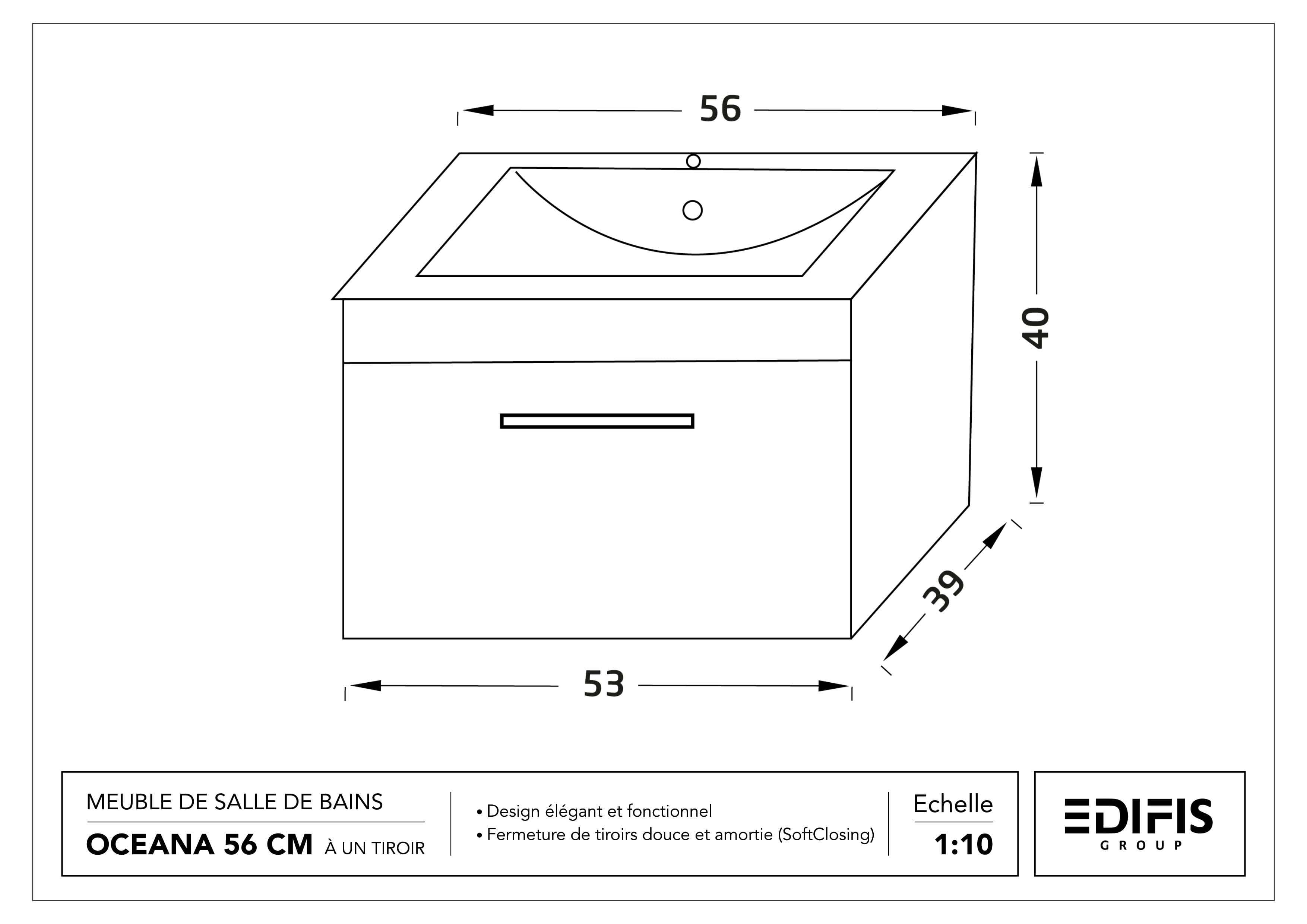 Meuble de salle de bains Oceana 56 cm à un tiroir (sans vasque) - vue 17