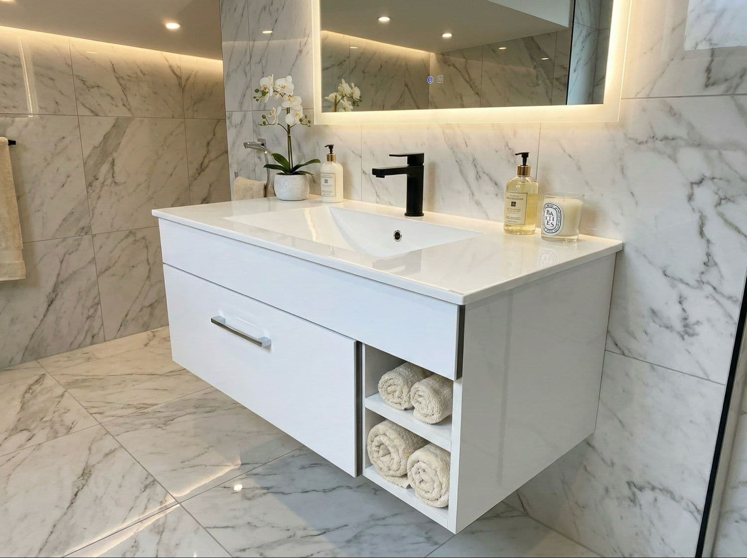 Meuble de salle de bains Comete 96 cm à un tiroir et niches droites (sans vasque)