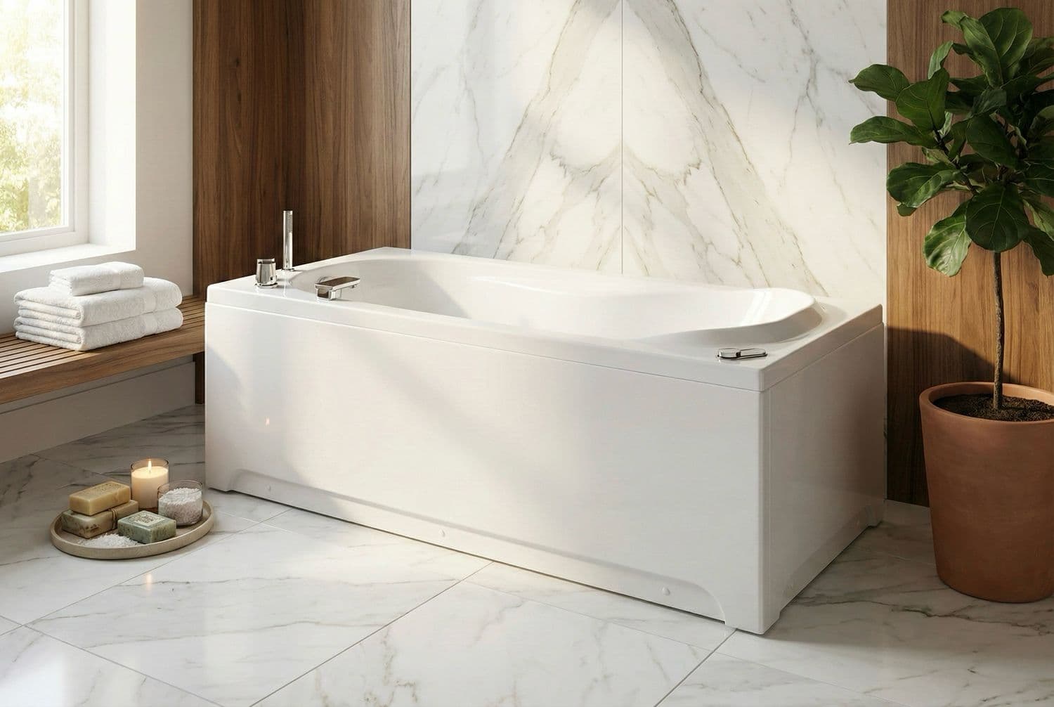 Baignoire rectangulaire Glass avec tablier frontal, tablier latéral, support et pieds - Série Lis - 170 x 75 cm